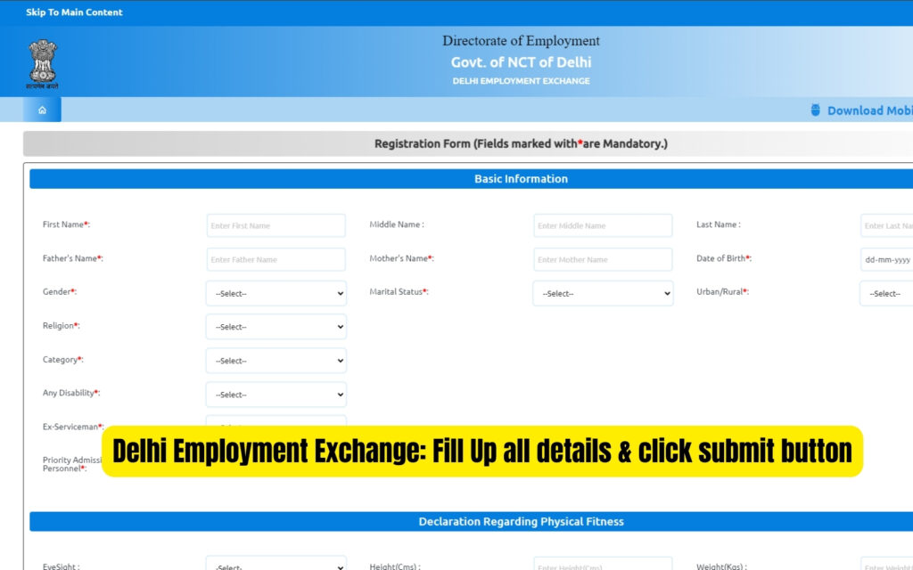 Delhi Employment Exchange registration page